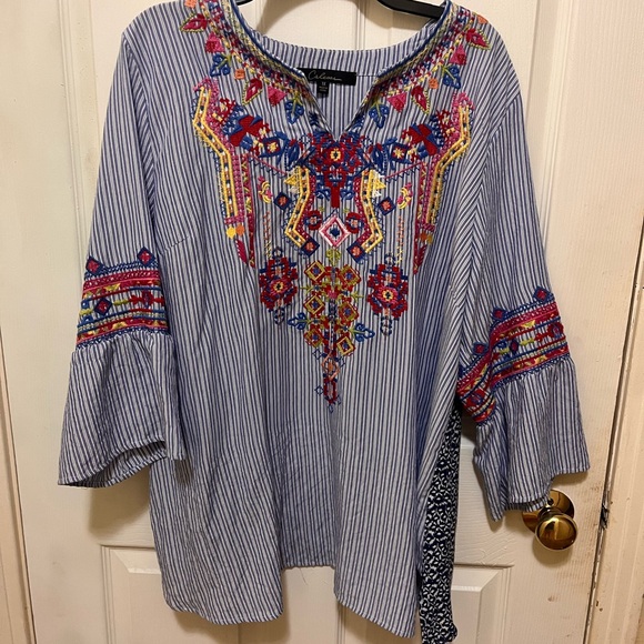 calessa Tops - Blue and White Graphic Bell Sleeve Blouse